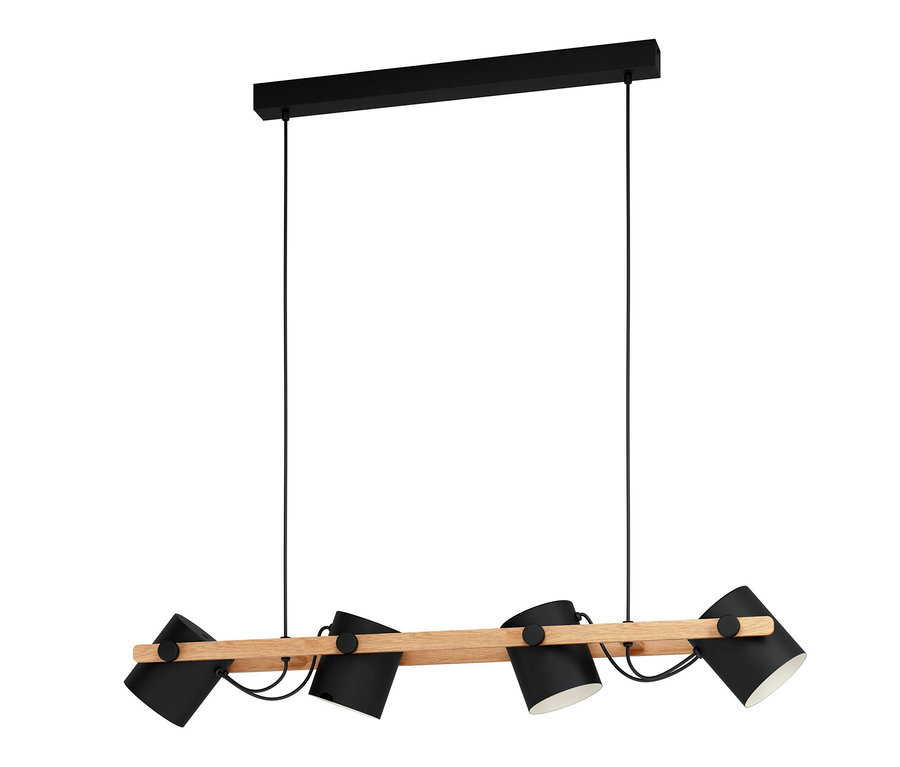 Schwarze Eglo 4er-Pendelleuchte »Hornwood« mit Holzelement.