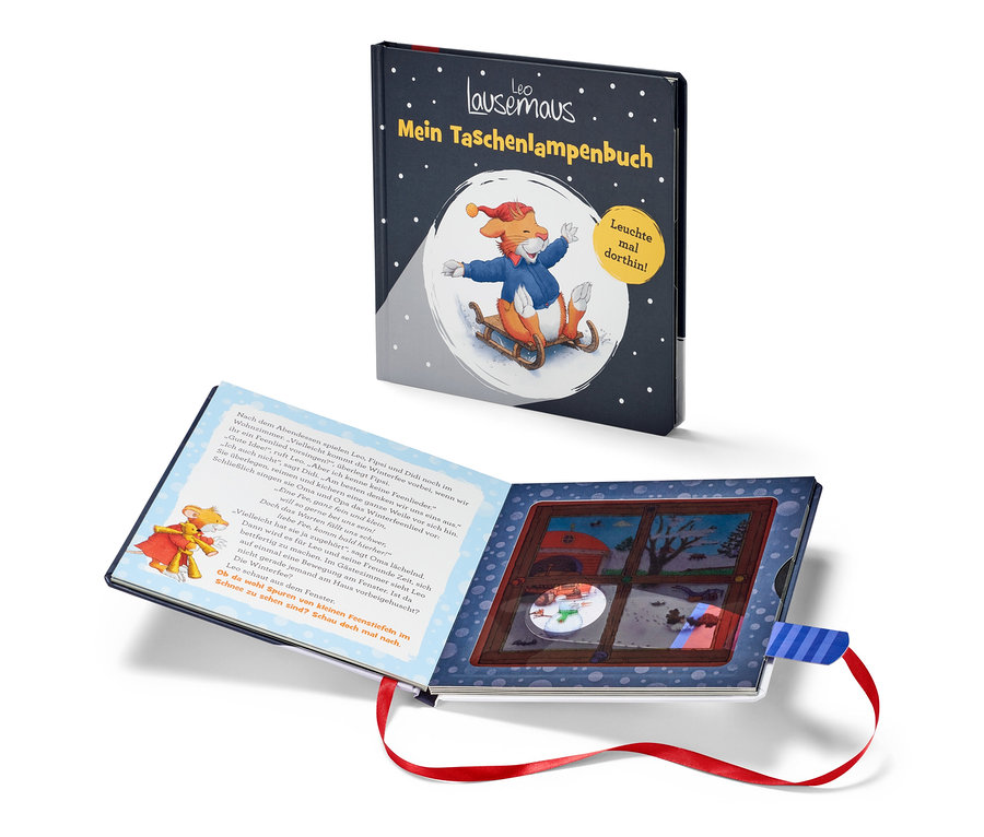 Das Kinderbuch »Leo Lausemaus – mein Taschenlampenbuch« ist geöffnet und zeigt Illustrationen.