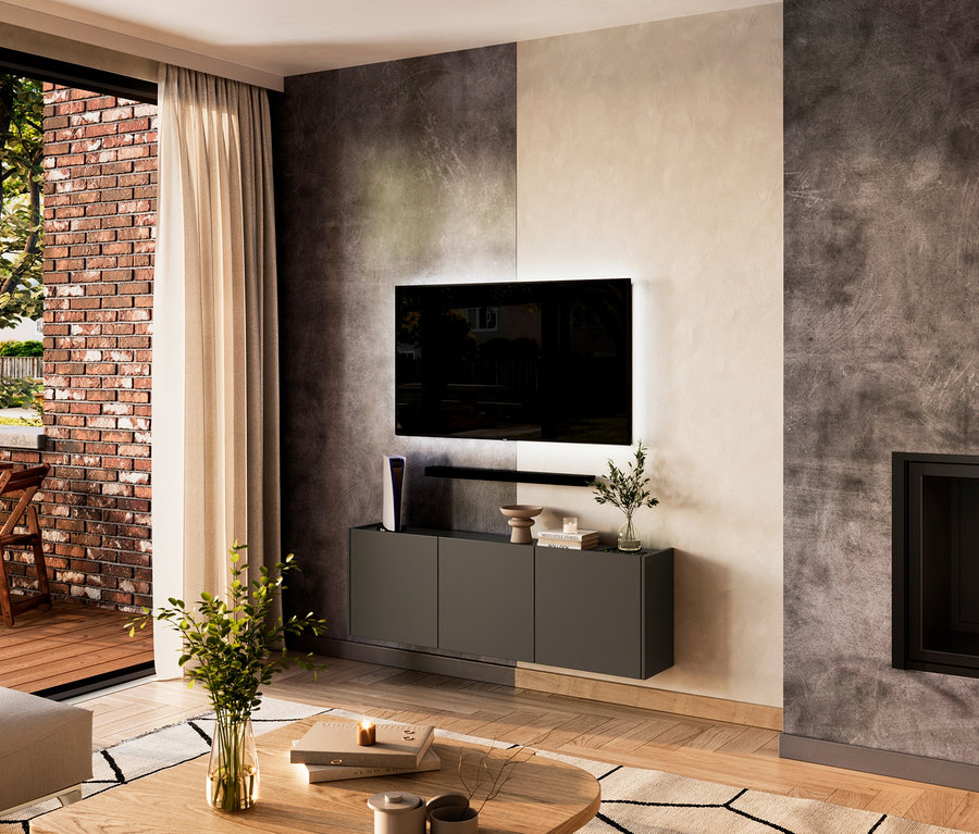 Wohnzimmer mit Fernseher über Mehrzweckschrank »Piana«, 3 Türen, graphit.