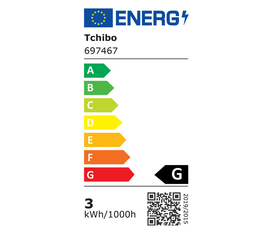 Energielabel der Tchibo LED-Schwenkleuchte mit den Energieeffizienzklassen A bis G.