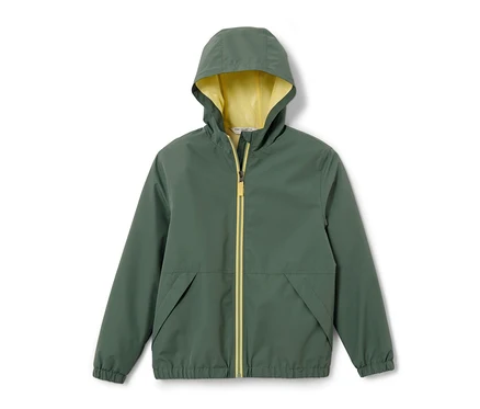 Grüne Kinder-Sport-Funktionsjacke mit gelbem Reißverschluss und Kapuze.