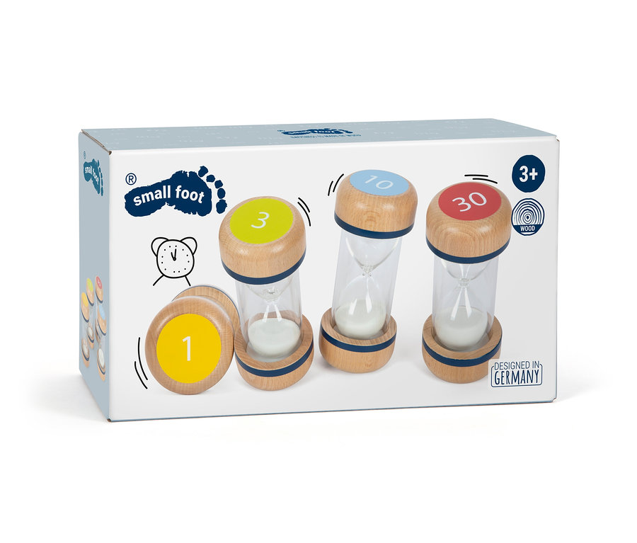Verpackung des small foot Sanduhren-Set XL »Educate«. Die Uhren haben einen Holzrahmen und farbige Ober- und Unterteile.