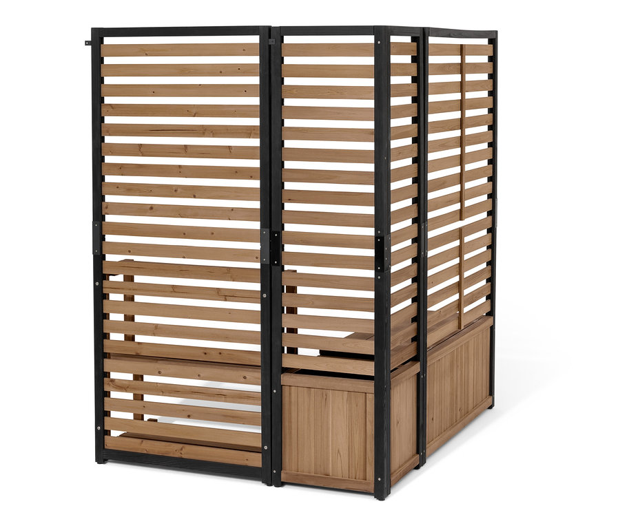 Zwei Sichtschutz-Regal-Module »Elin« mit horizontalen Lamellen und schwarzem Rahmen.