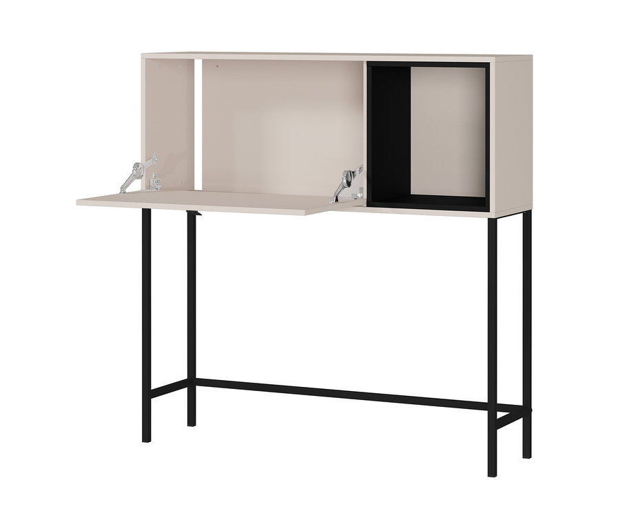 Ein offener, kaschmirfarbener Sekretär mit schwarzen Beinen.