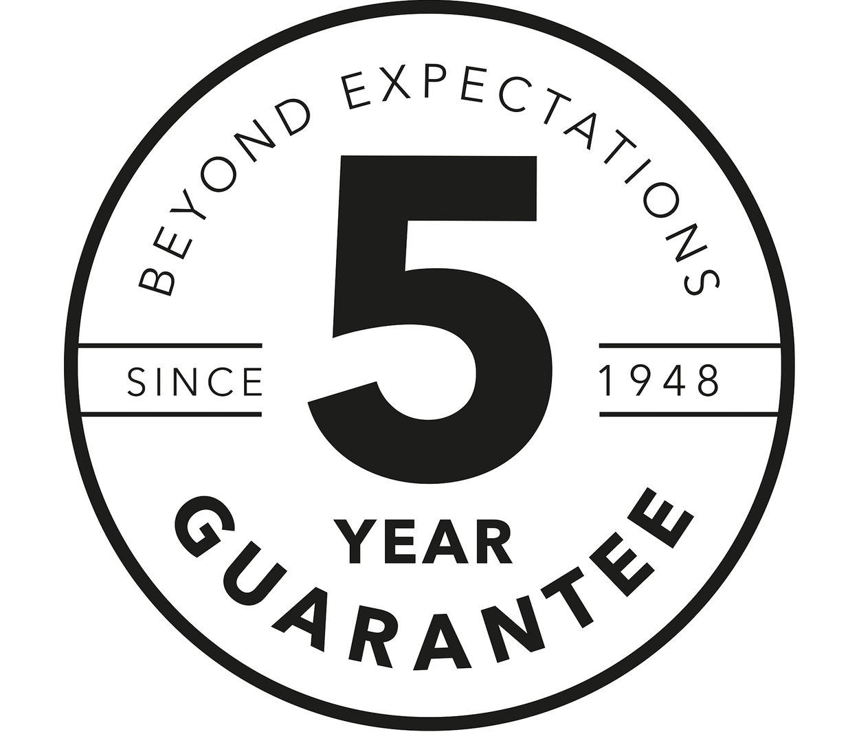 Schwarzes Logo für eine 5-Jahres-Garantie mit dem Text „Beyond Expectations Since 1948 Guarantee“.