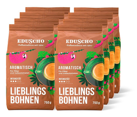 Eine Packung mit acht Packungen Eduscho Lieblingsbohnen Aromatisch - 8x 750g Ganze Bohne.