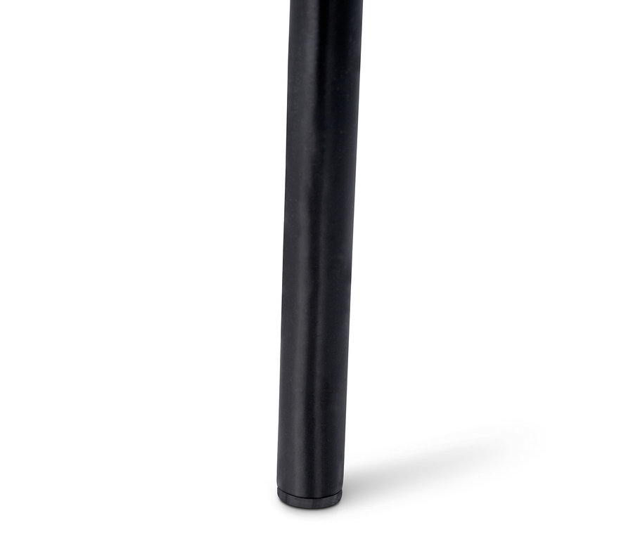 Detailaufnahme eines dunkelgrauen, gepolsterten Designstuhls, Fokus auf das Bein.