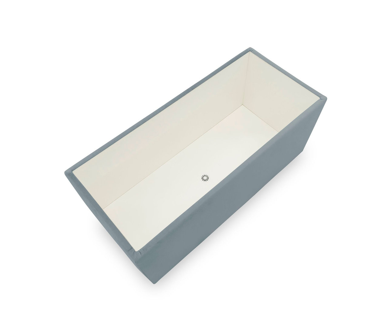 Draufsicht auf einen hellblauen DOMO Hocker mit Staufach.