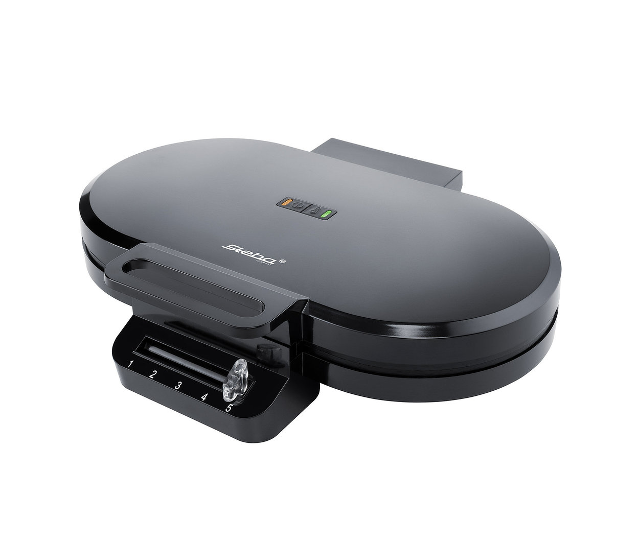 Schwarzes Steba-Doppel-Waffeleisen »WE 2« mit Drehregler für Temperatur 1-5 und Kontrollleuchten.