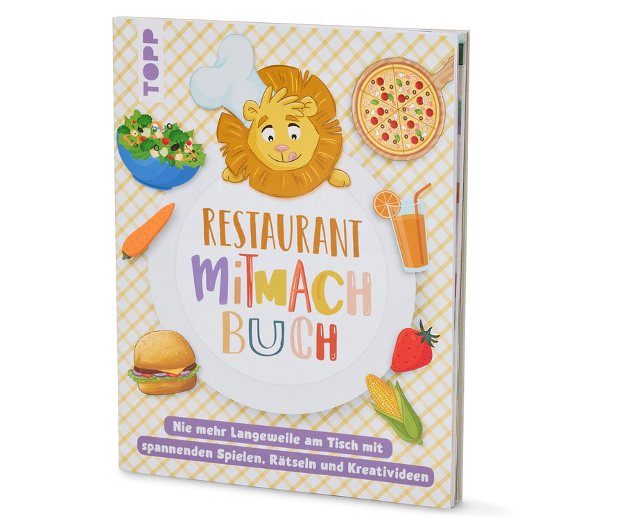 Kochbuch mit Abbildungen von Speisen, darunter ein Löwe mit Kochmütze, Pizza und Hamburger.