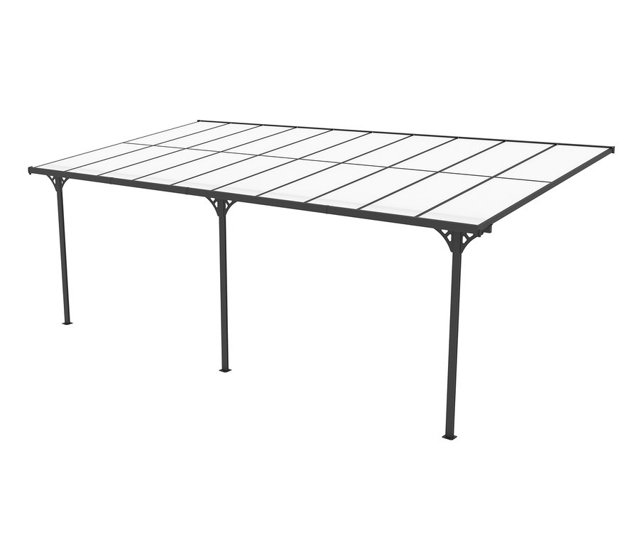 Anthrazitfarbene Terrassenüberdachung, Breite ca. 617 cm.