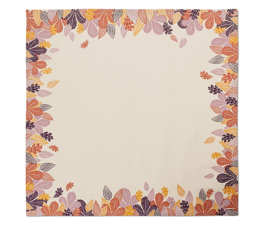 Quadratische Tischdecke mit Blättermotiv in den Ecken.