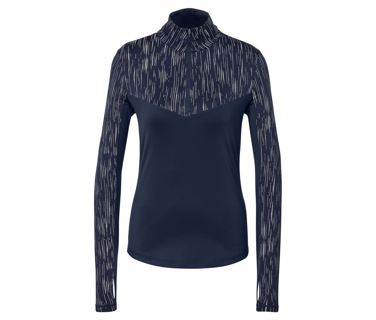 Dunkelblaues Langarmshirt mit abstraktem Muster.