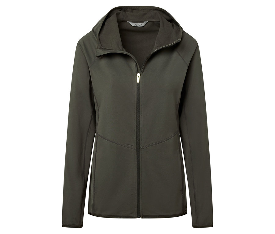 Grüne Sportjacke mit Reißverschluss und Kapuze.