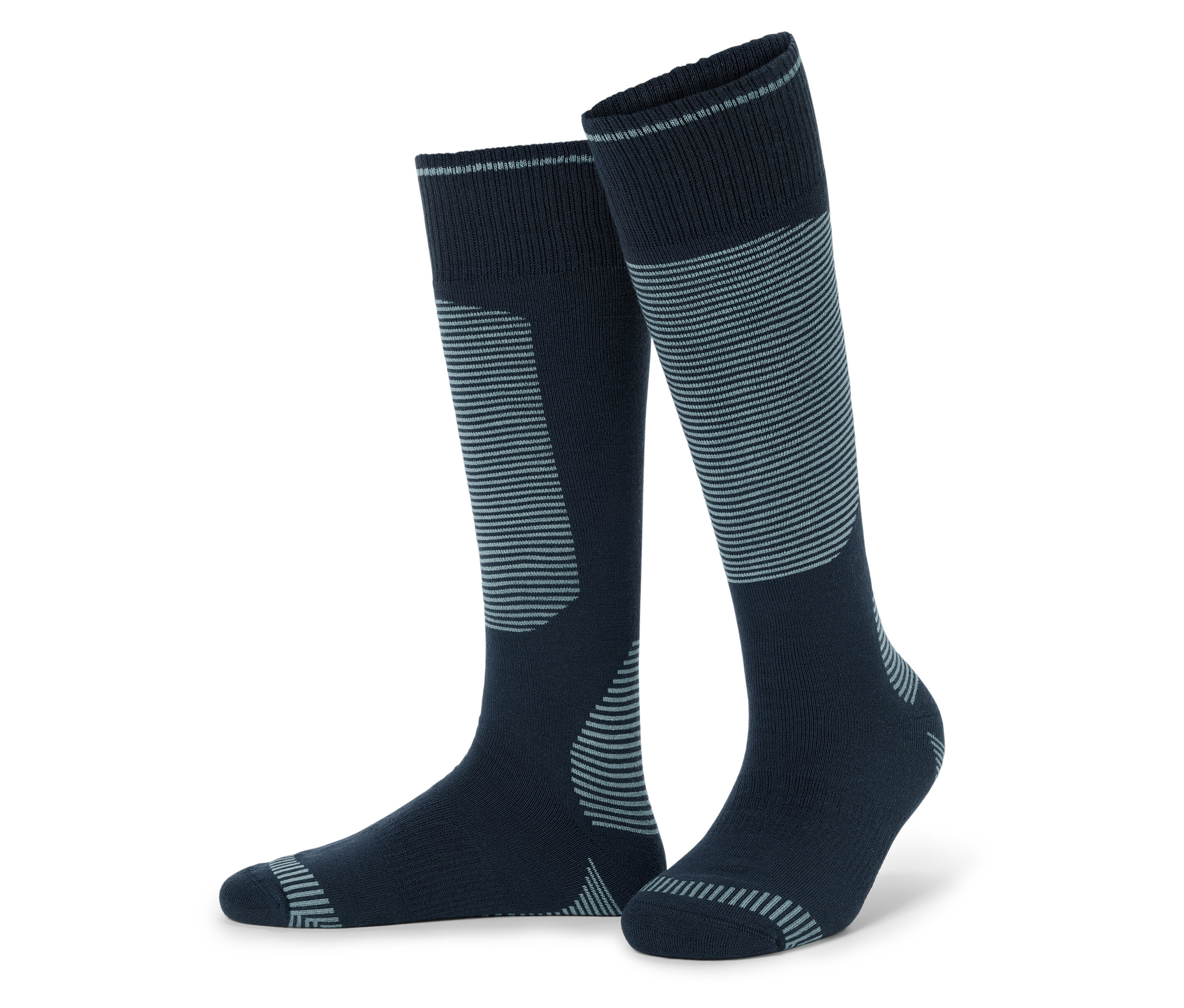 Ein Paar marineblaue Kniestrümpfe mit grauen Streifen.