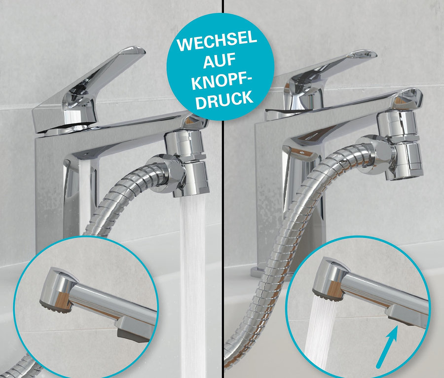 Doppelte Darstellung einer Chromarmatur mit ausziehbarer Brause, Wasser läuft.