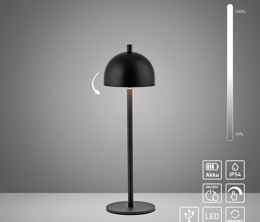 Eine schwarze Lampe mit rundem Schirm steht auf einem Tisch.