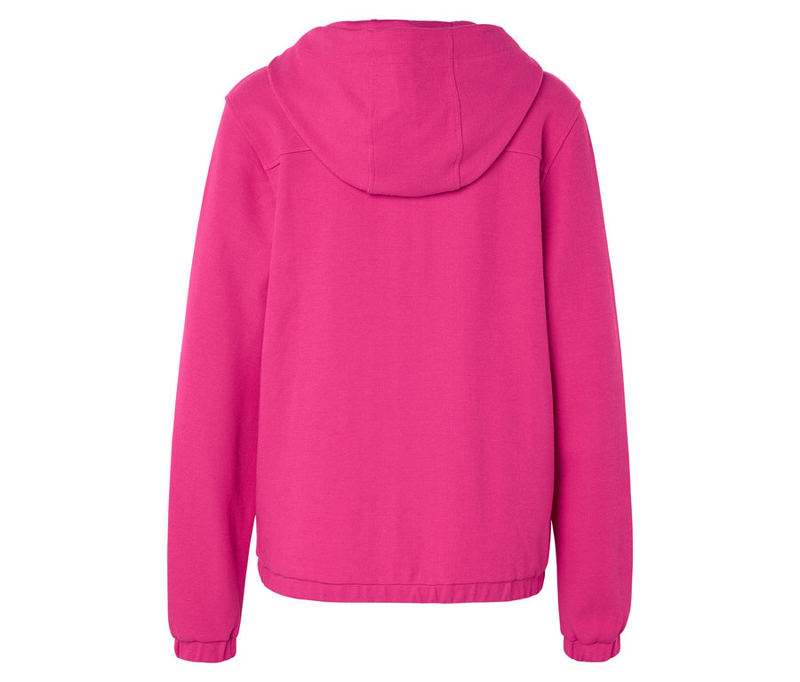 Rückansicht eines pinken Kapuzenpullovers.