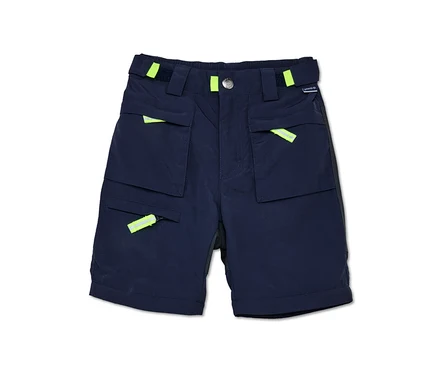 Marineblaue Jako-O Zipp-off Hose für Kinder mit Taschen und neonfarbenen Details.