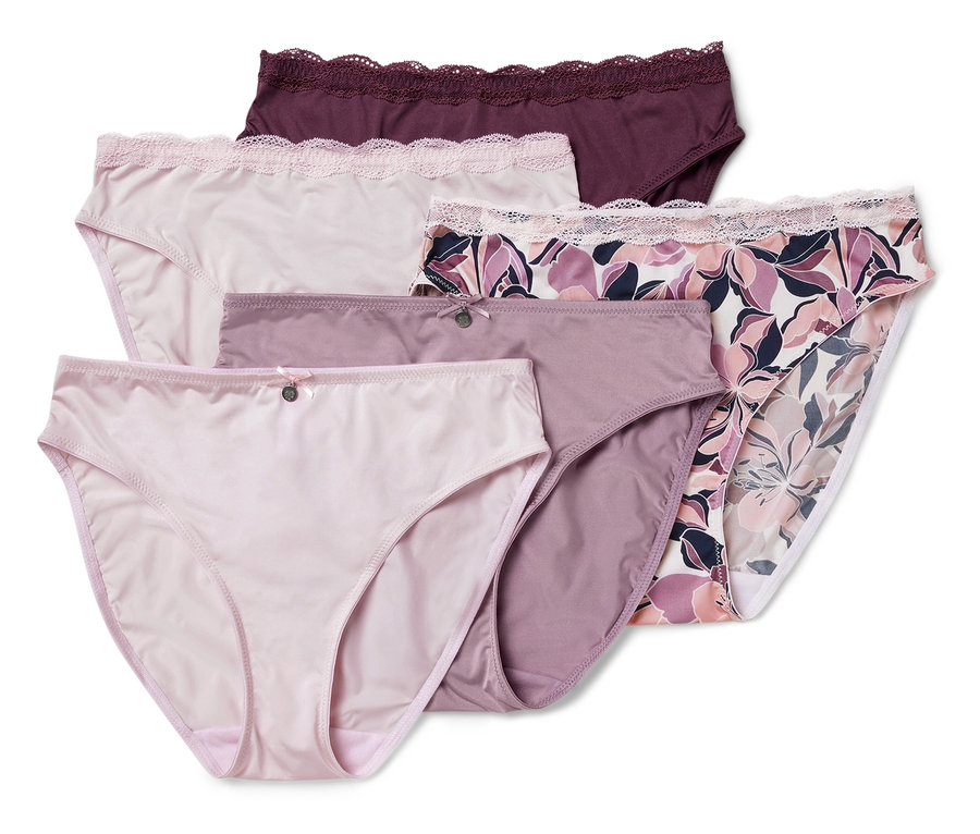 Ein Set aus fünf Damenhöschen in verschiedenen Farben und Mustern mit Spitzenbesatz.