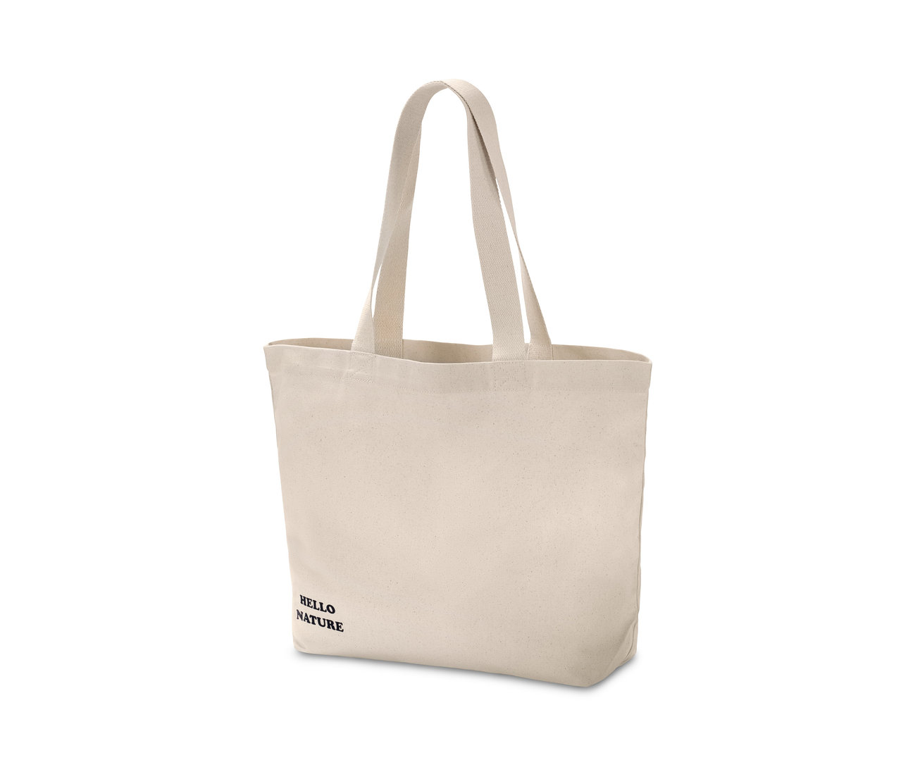 Ein Canvas-Shopper in Creme mit dem Aufdruck "Hello Nature".