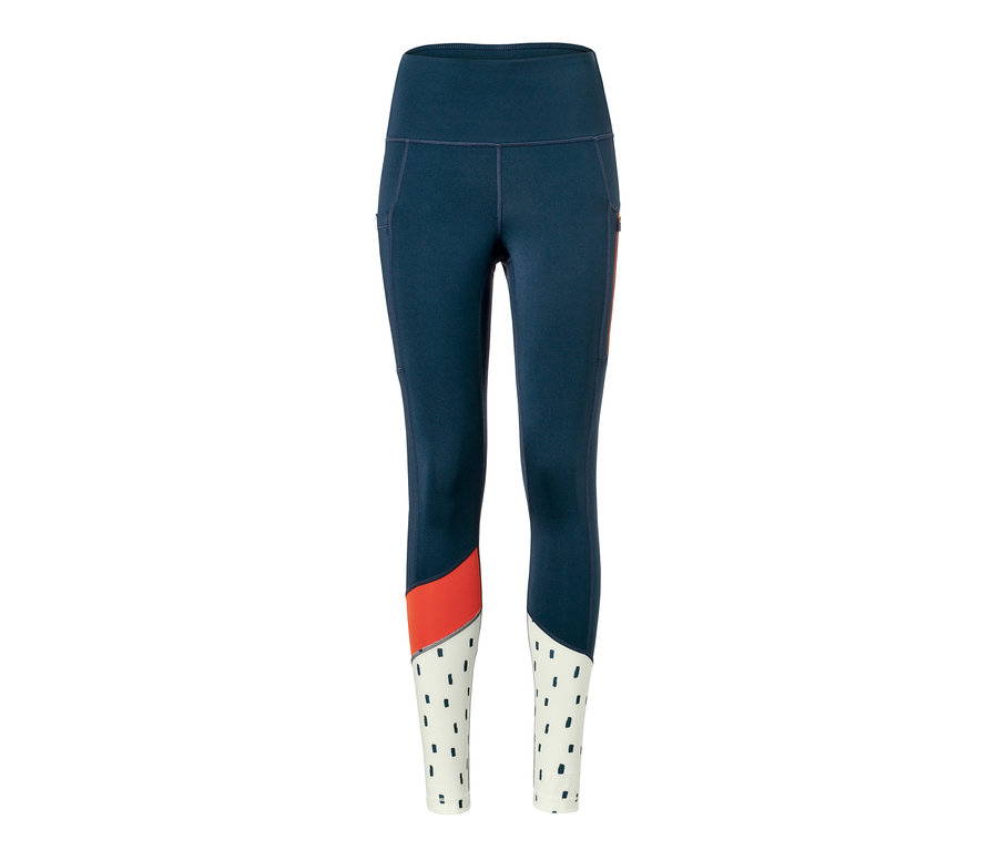 Sporttight in Dunkelblau, Orange und Weiß mit gepunktetem Muster.