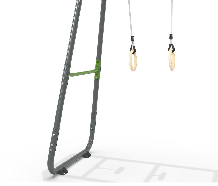 Graues EXIT Klettergerüst »MB310« mit Turnringen vor weißem Hintergrund.