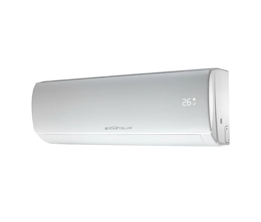 Weißes Home-Deluxe-Klimaanlage »SPLIT« Klimagerät mit digitaler Anzeige, die 26 Grad anzeigt.