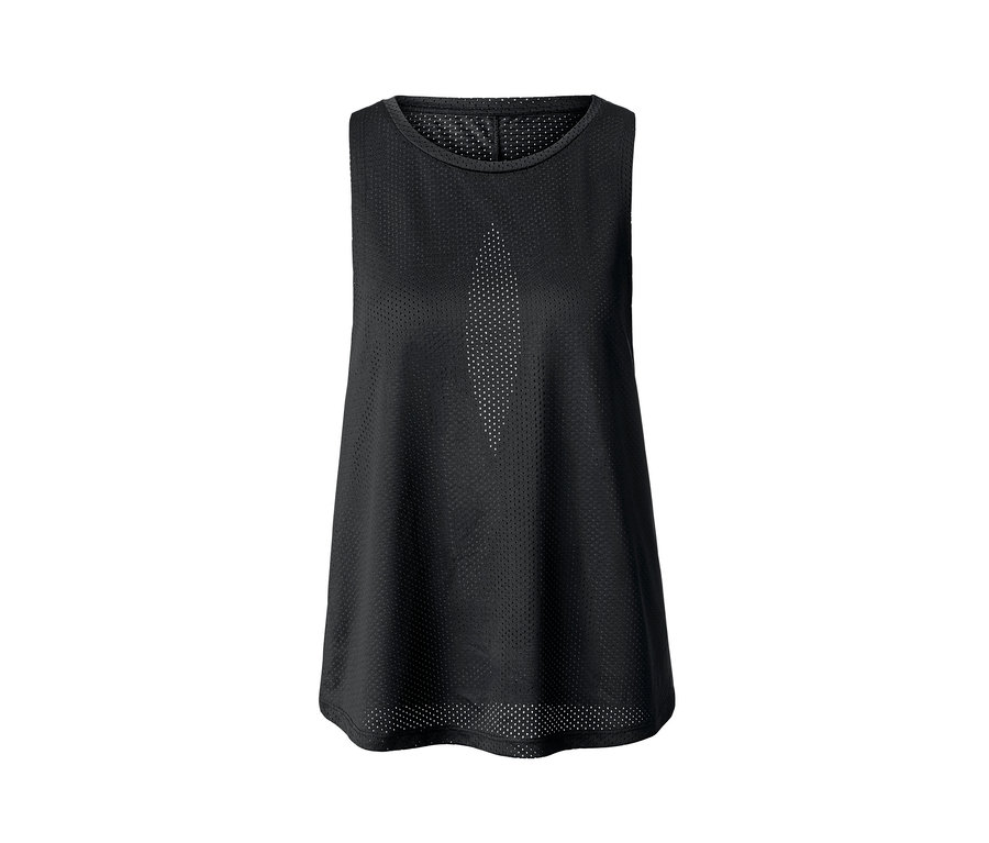 Schwarzes Sporttop mit perforiertem Design auf weißem Hintergrund.