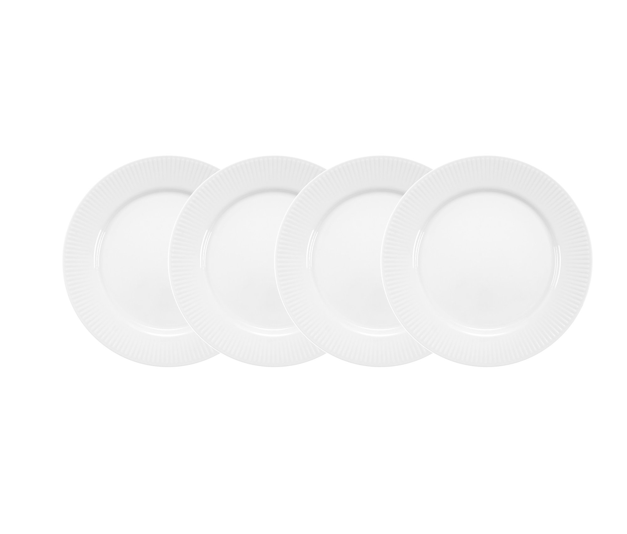 Vier weiße BODUM® Essteller »Douro«, ø 28 cm, 4er-Set, in einer Reihe angeordnet.