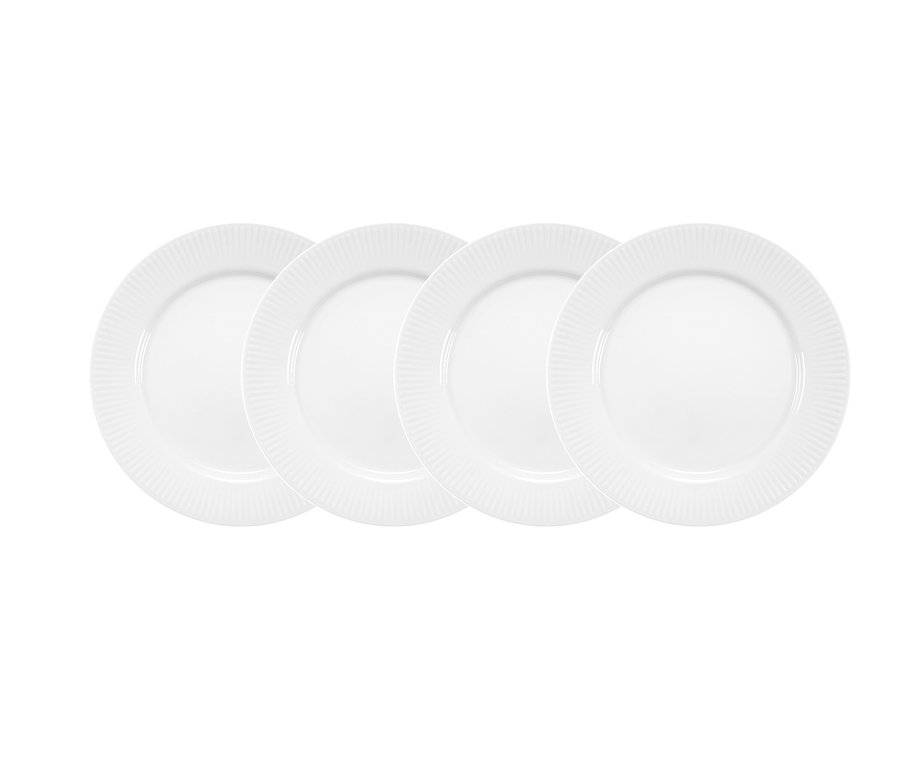 Vier weiße BODUM® Essteller »Douro«, ø 28 cm, 4er-Set, in einer Reihe angeordnet.
