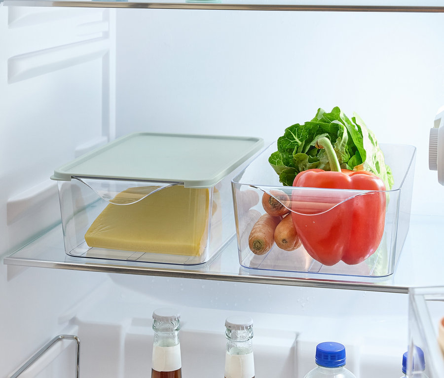 Im Kühlschrank befinden sich Lebensmittel auf den Regalen: Apfel und Zitrone in runden Behältern, Käse in einer Plastikdose mit Deckel, Gemüse (Salat, Paprika, Karotten) in einer Plastikdose und Getränkeflaschen in einem Halter.