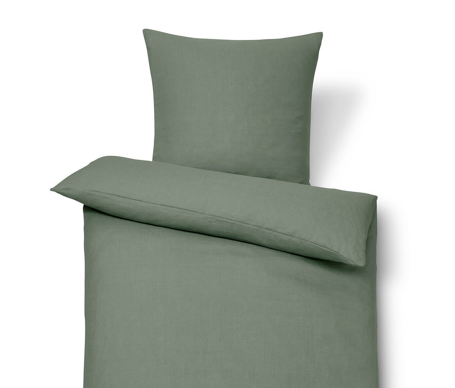 Grüne Leinen-Bettwäsche in Normalgröße und Übergröße.