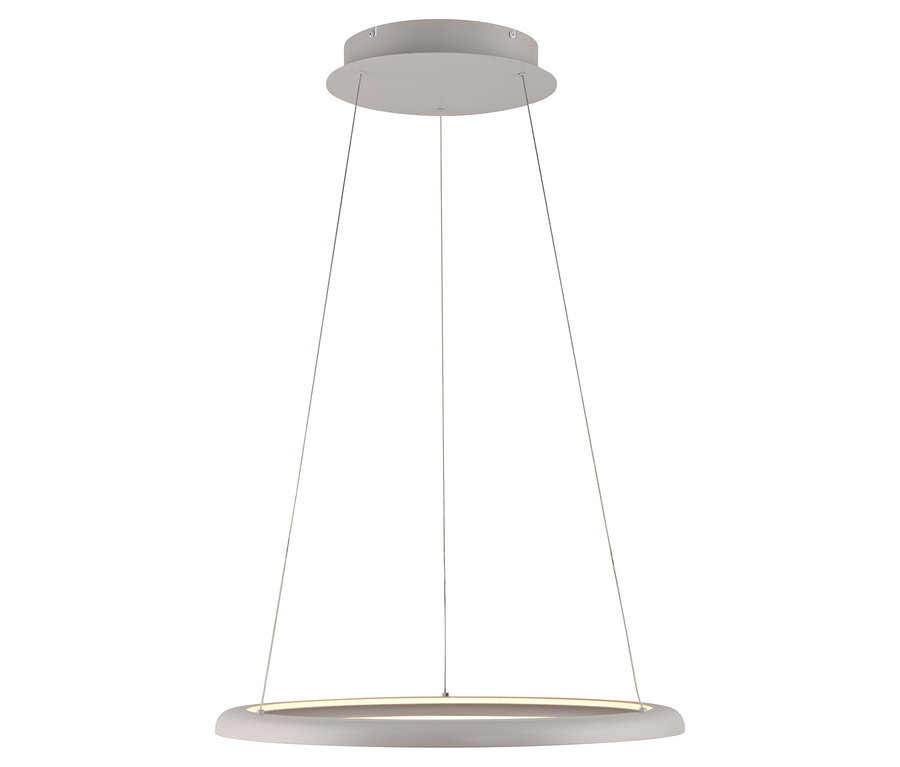 Graue kreisförmige Deckenleuchte, die an drei dünnen Kabeln hängt.