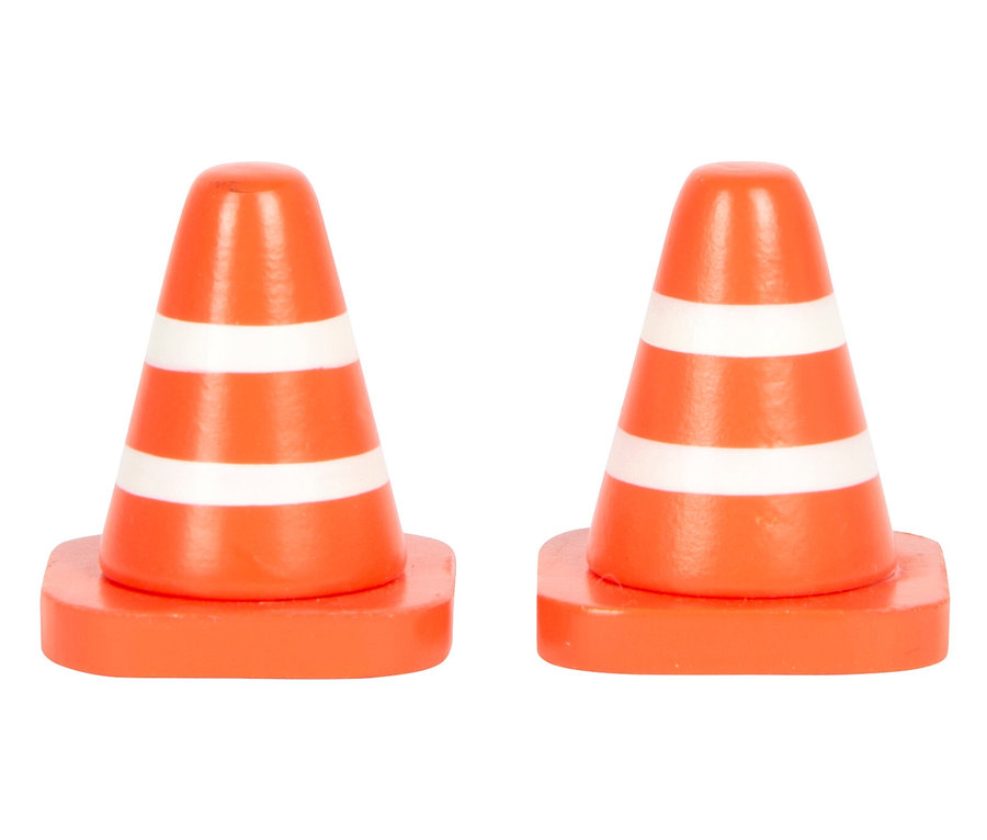 Zwei orangefarbene Verkehrskegel mit weißen Streifen.