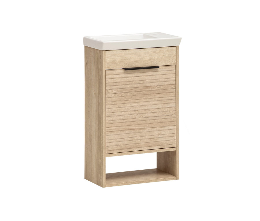 Beiger Waschtisch »Mads« mit weißem Waschbecken.