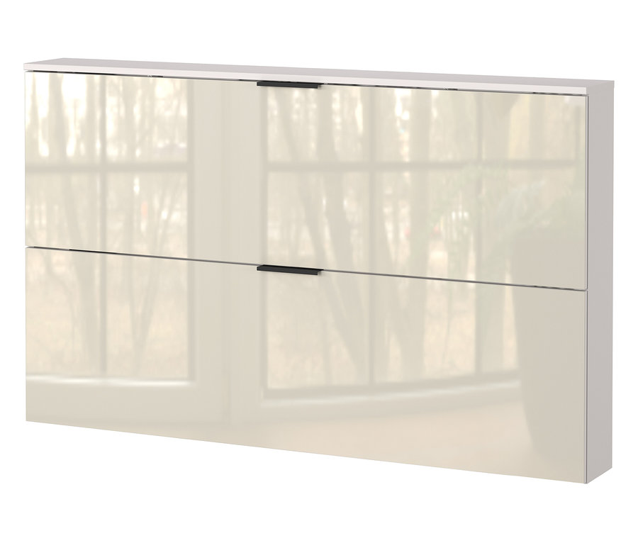 Beiger Schuhschrank »Valega« mit zwei Schubladen und schwarzen Griffen.