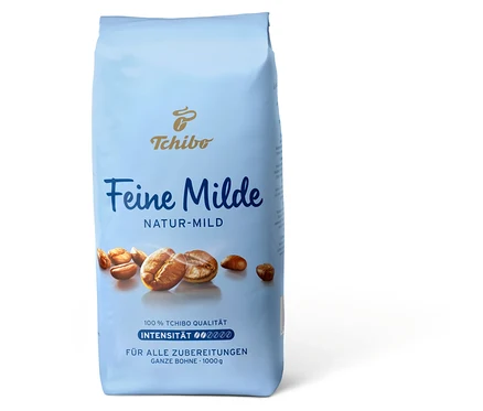 Blaue Packung Tchibo Feine Milde Kaffeebohnen.