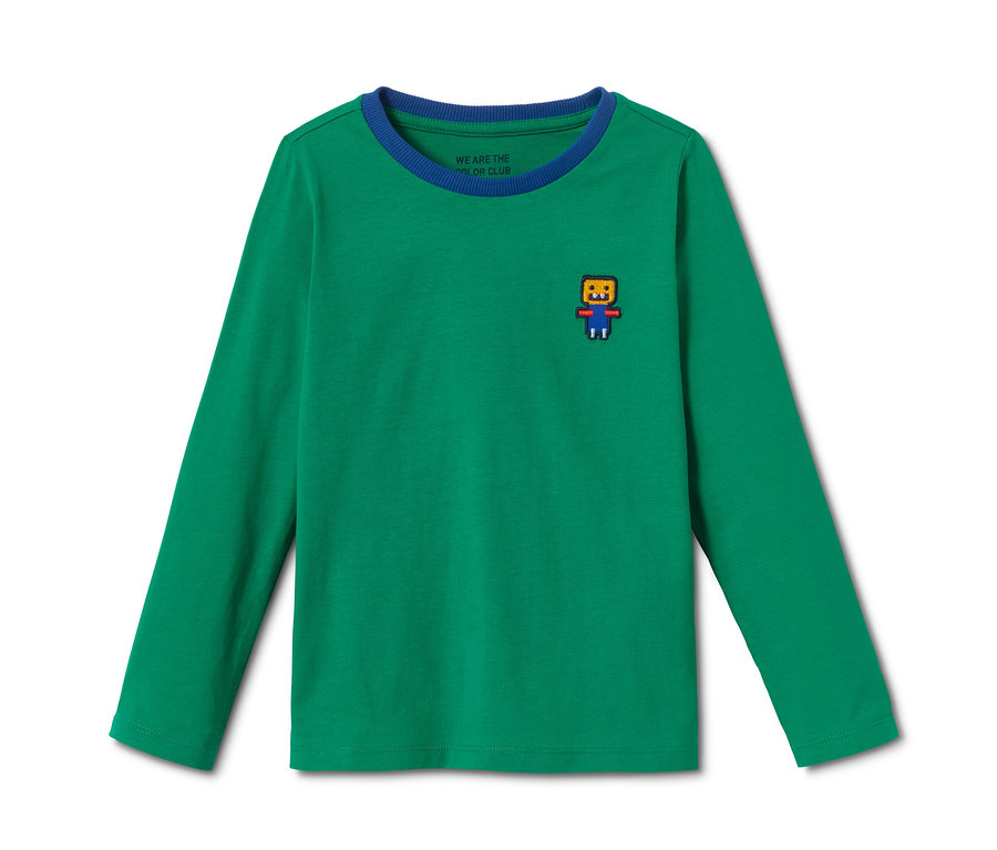 Grünes Langarmshirt mit blauem Saum und Comicfigur.