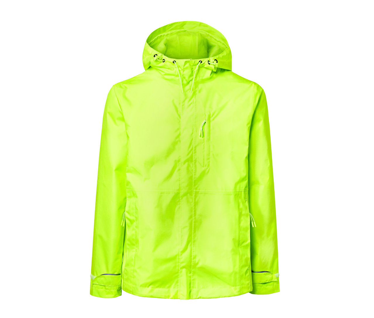 Gelbe Regenjacke mit Kapuze.