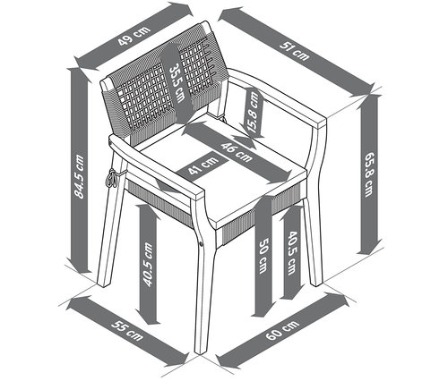 Illustration eines stapelbaren Dining-Stuhls inkl. Sitzkissen mit Maßangaben.