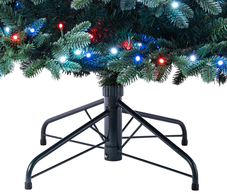 Unterteil eines Weihnachtsbaums mit bunten Lichtern und einem schwarzen Metallständer.