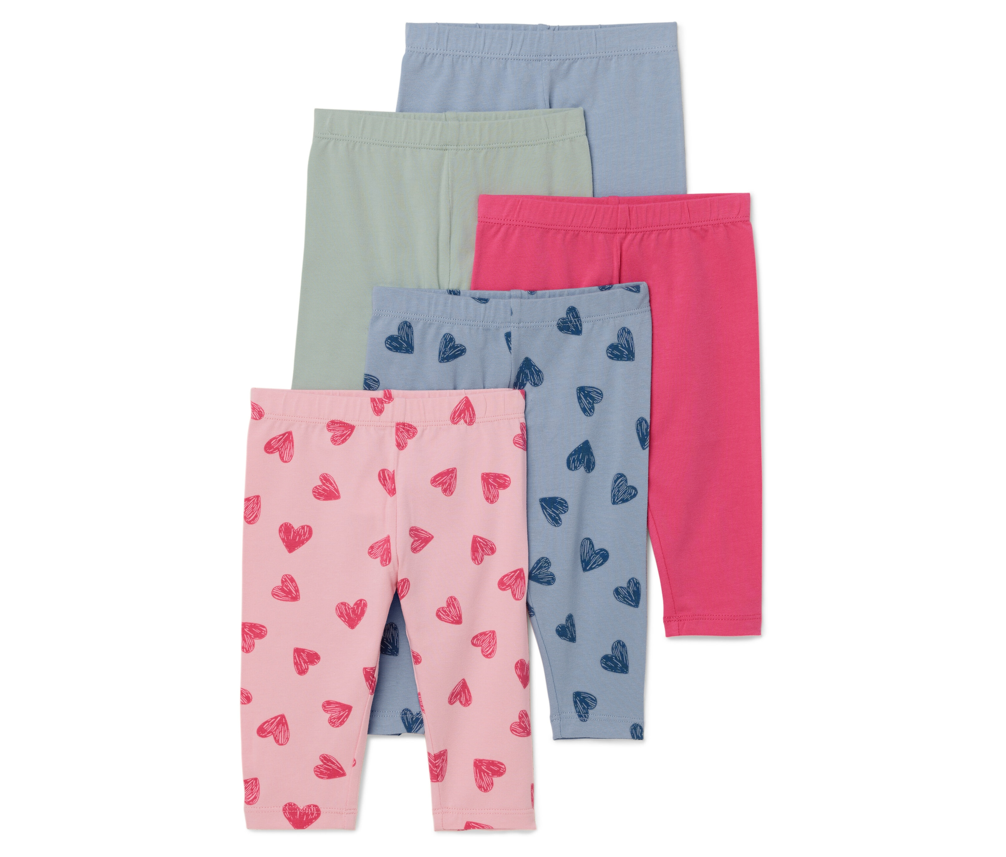 Fünf Paar Kinder Leggings in hellblau, grün, pink, blau mit Herzen und rosa mit Herzen.