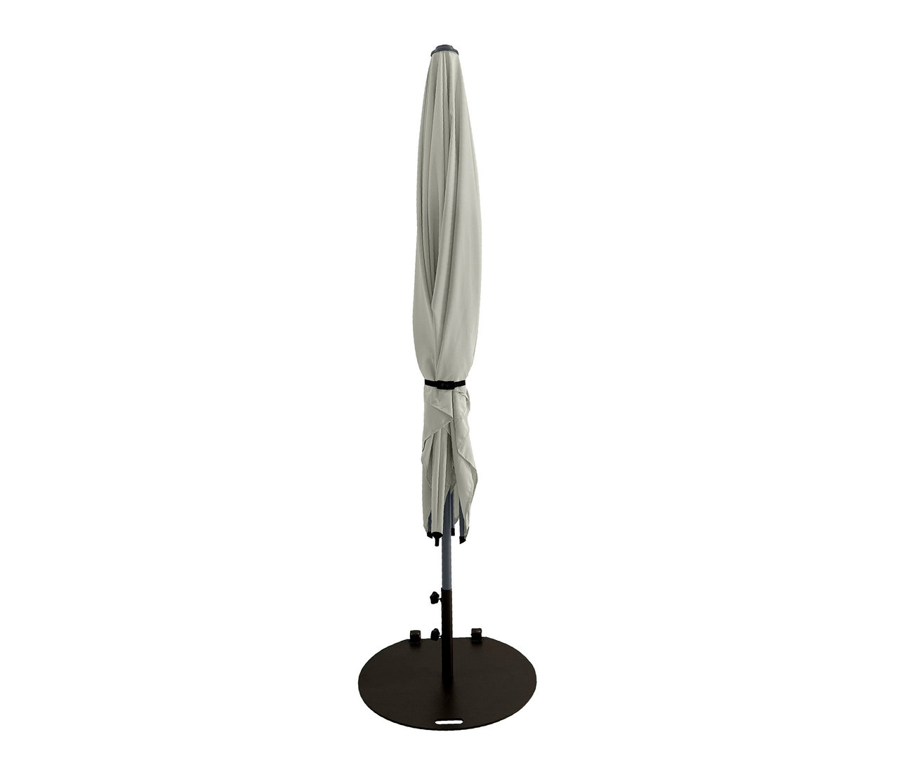 Zusammengefalteter, hellgrauer Leco Marktschirm, 250 x 250 cm, inklusive Abdeckhaube.