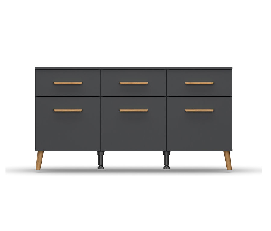 Grau-metallic Kommode "Skandi" mit sechs Schubladen und Holzgriffen.