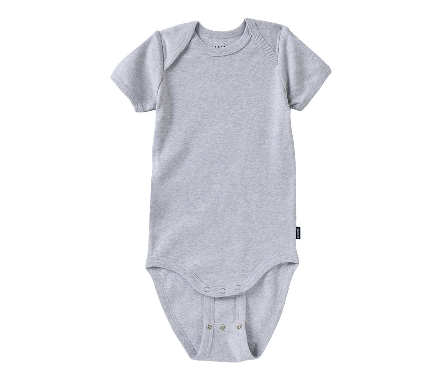 Grauer Babybody mit kurzen Ärmeln. Ein Jako-O Baby-Body mit Mitwachsfunktion.