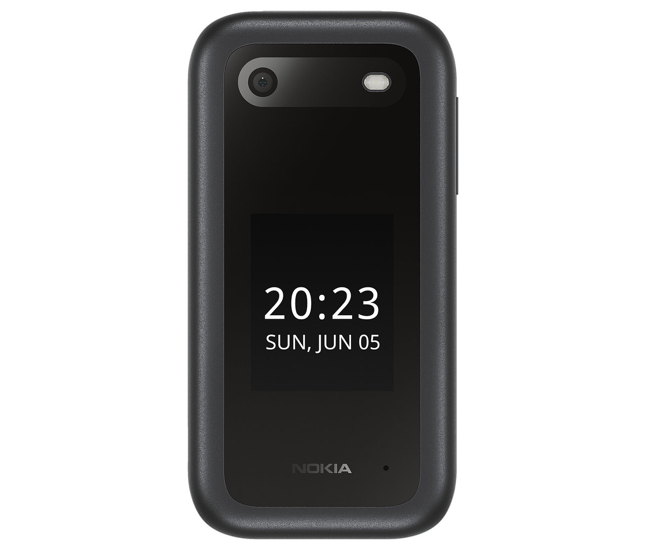Ein schwarzes Nokia 2660 Flip 4G mit 128MB Speicher ist zu sehen, das Display zeigt die Uhrzeit 20:23.