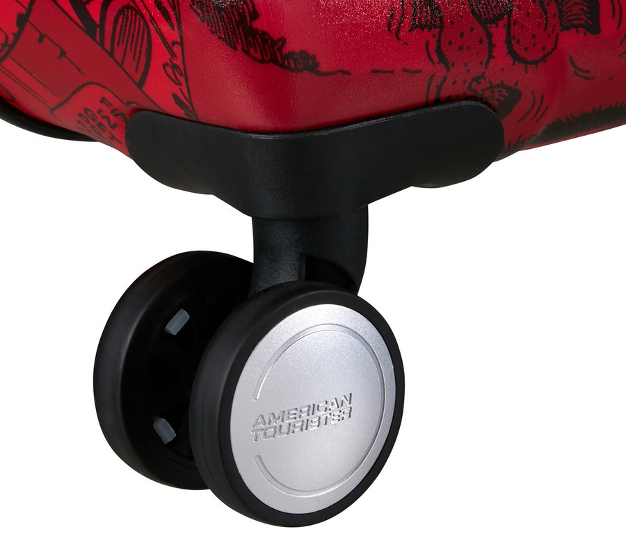 Detailansicht der Räder von einem roten American Tourister Wavebreaker »Mickey Mouse«, groß.