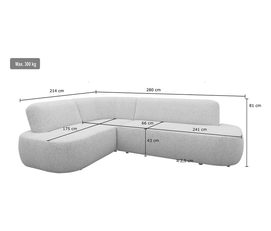 Abbildung eines hellgrauen Ecksofas mit Maßangaben.