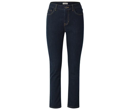 Dunkelblaue, eng anliegende Jeans mit geradem Bein und gelben Nähten.
